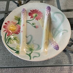2 ArtNouveau French Majolica Asparagus Plates Keller & Guérin SaintClément 1920s